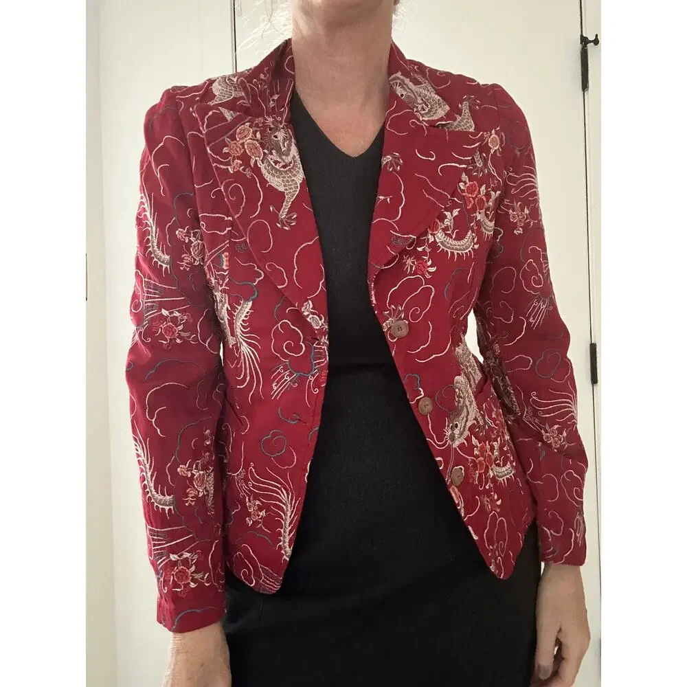 Johnny Was Embroidered Dragon Print Red Blazer Size Small Y2KRed Chinoiserie